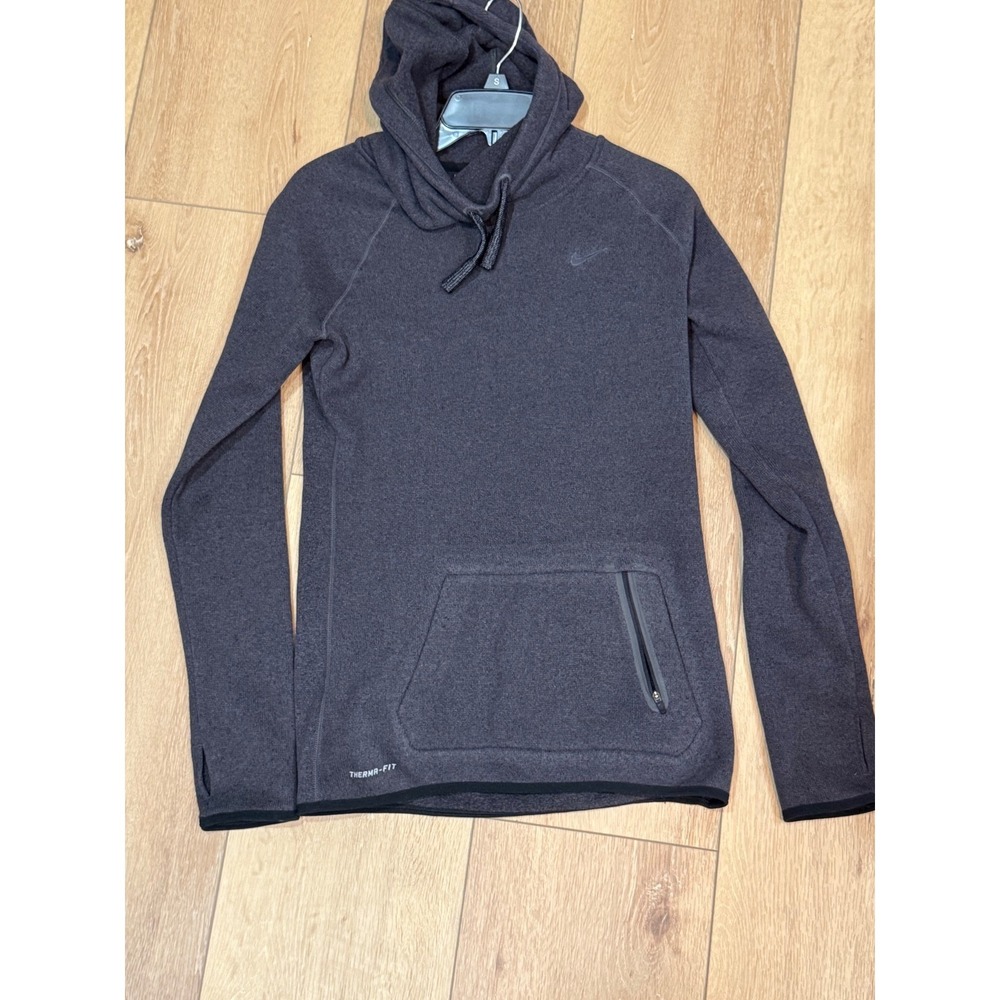 Nike Therma-FIT Womens Hoodie Small Gray Fleece Scuba‎ Neck Pullover Thumbholes